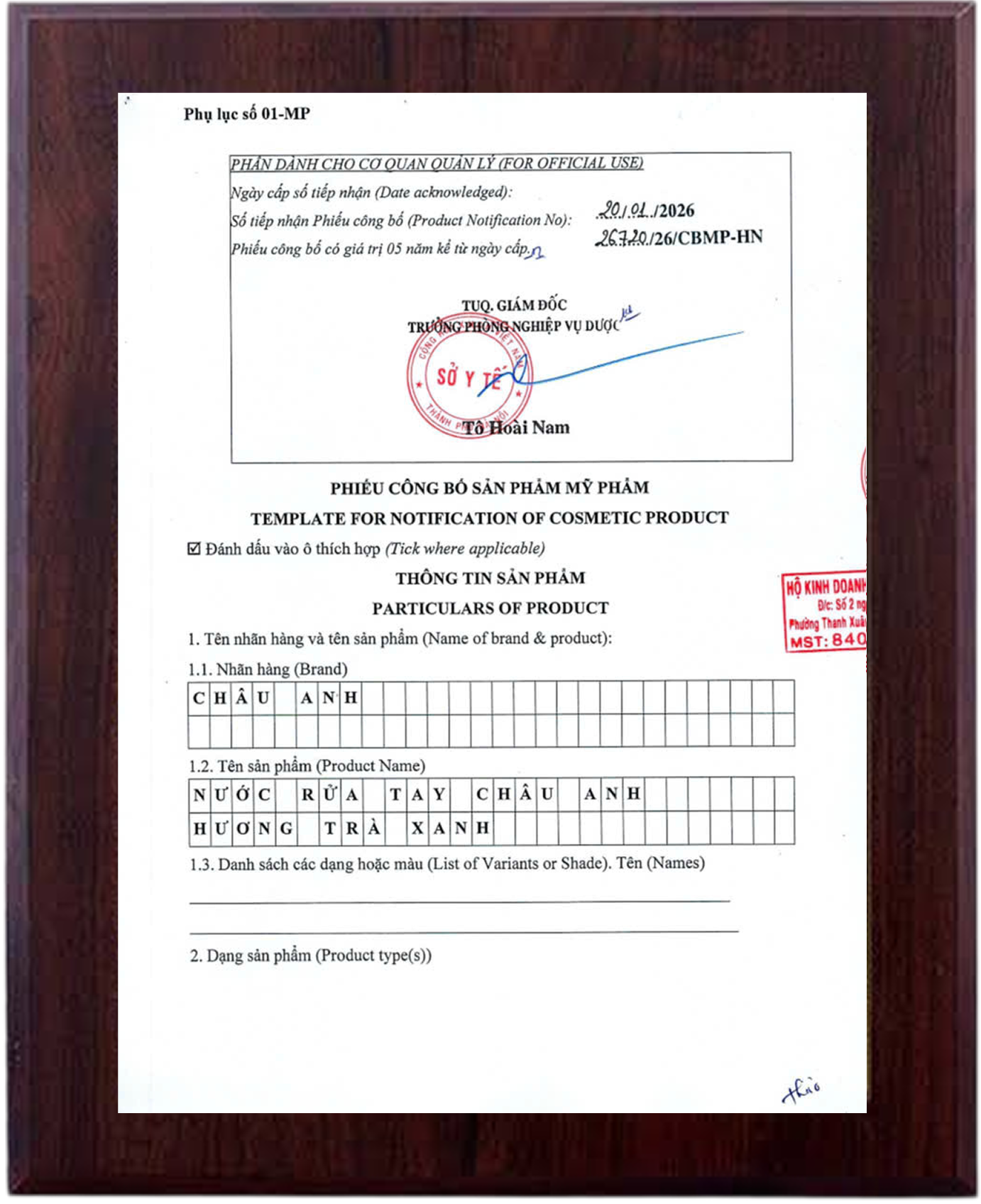 Phiếu công bố sản phẩm nước rửa tay Châu Anh hương Trà Xanh